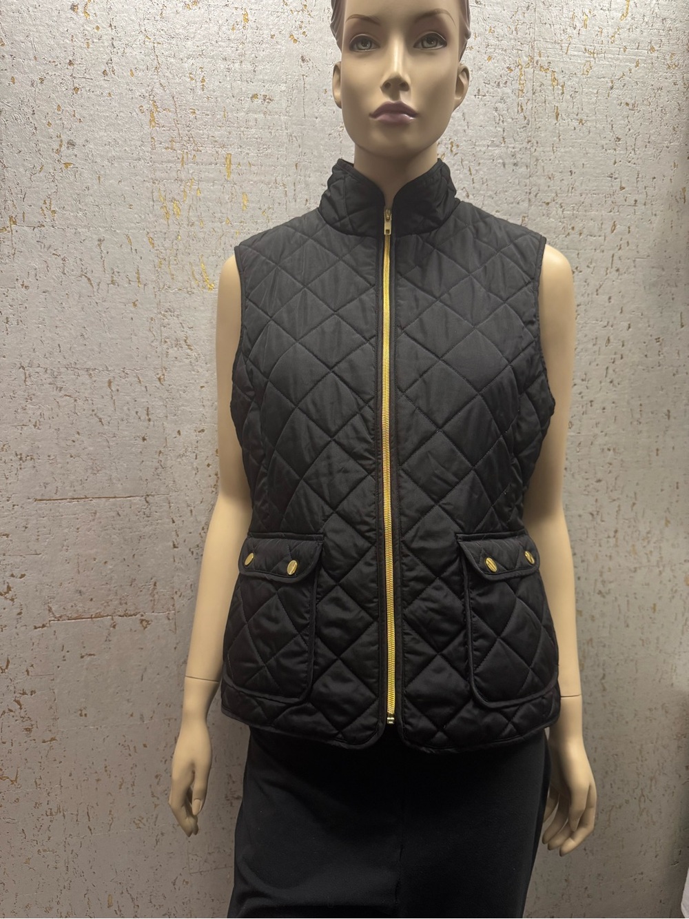 St John’s BayBlack Quilted Sleeveless Vest with Gold Trim - Women Jackets & Coat